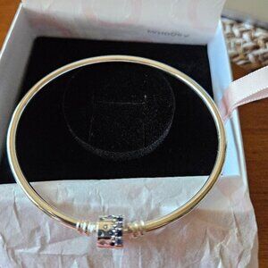 New in box Sterling Silver Pandora clear/blue bling, barrel clasp bangle bracele